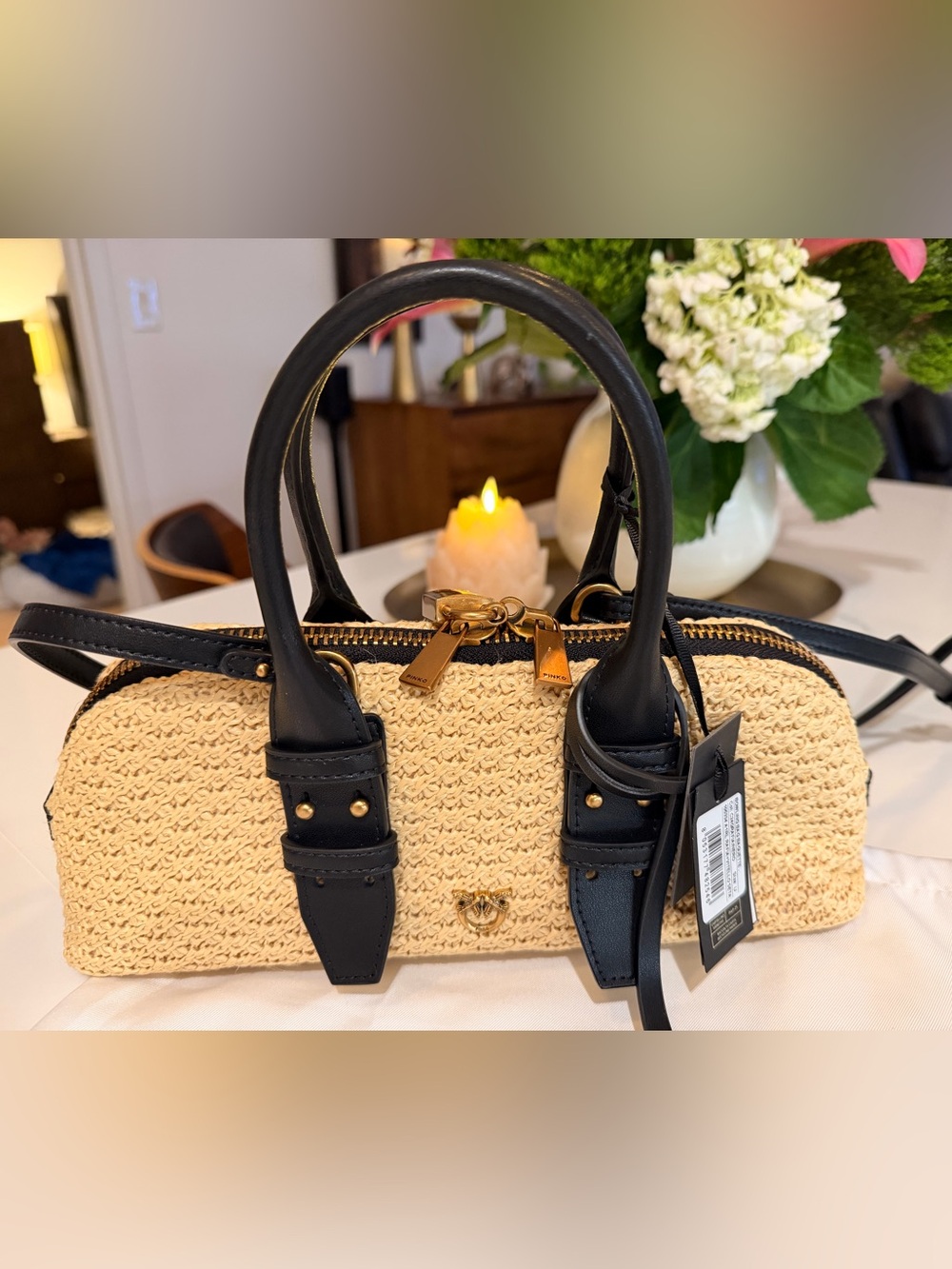 Pinko Black & Natural Woven Satchel with Gold Hardware